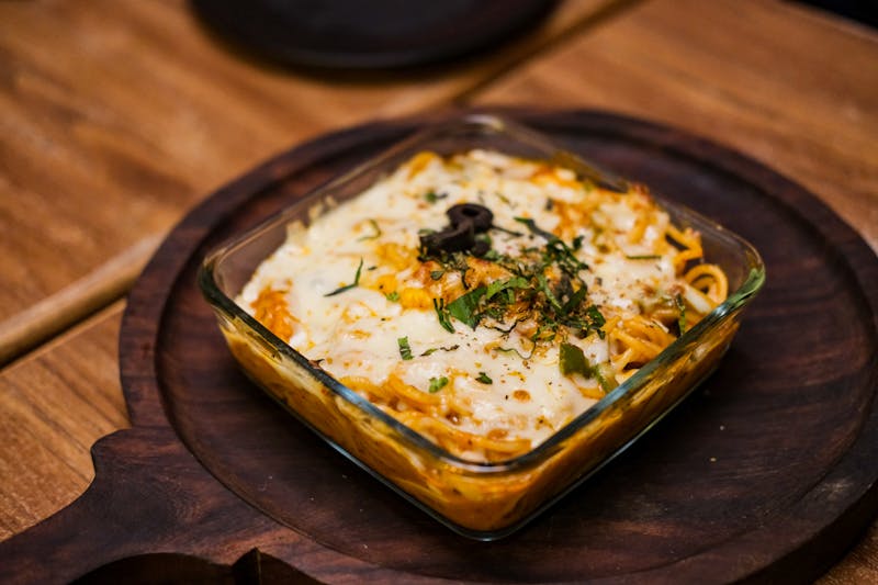 Baked mostaccioli pasta with Italian sausage